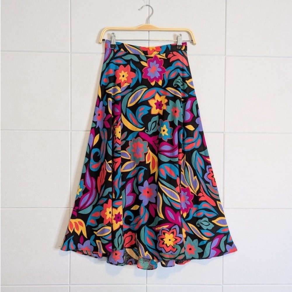 VINTAGE 80’s Multicolor Flower Women's Midi Skirt | XXS
